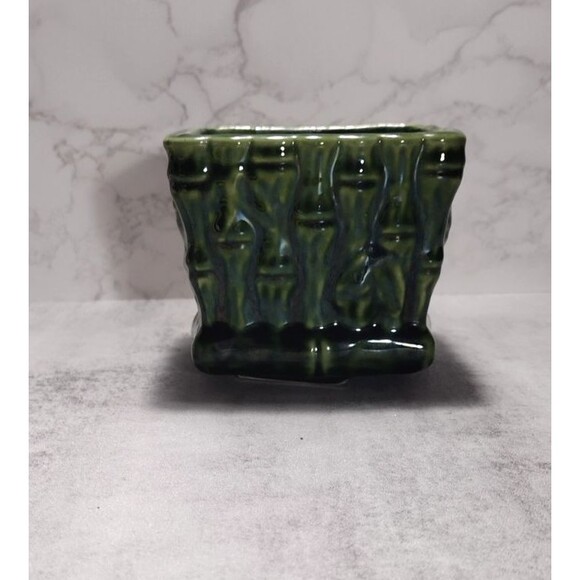 Vintage Bamboo 3D Planter Vase Bowl Green MCM Glazzed Decor Footed Square - Picture 1 of 5